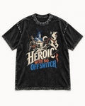 Husky Heroic with No Off Switch Don Quixote Graphic Washed Tee in Black, flat lay product photo