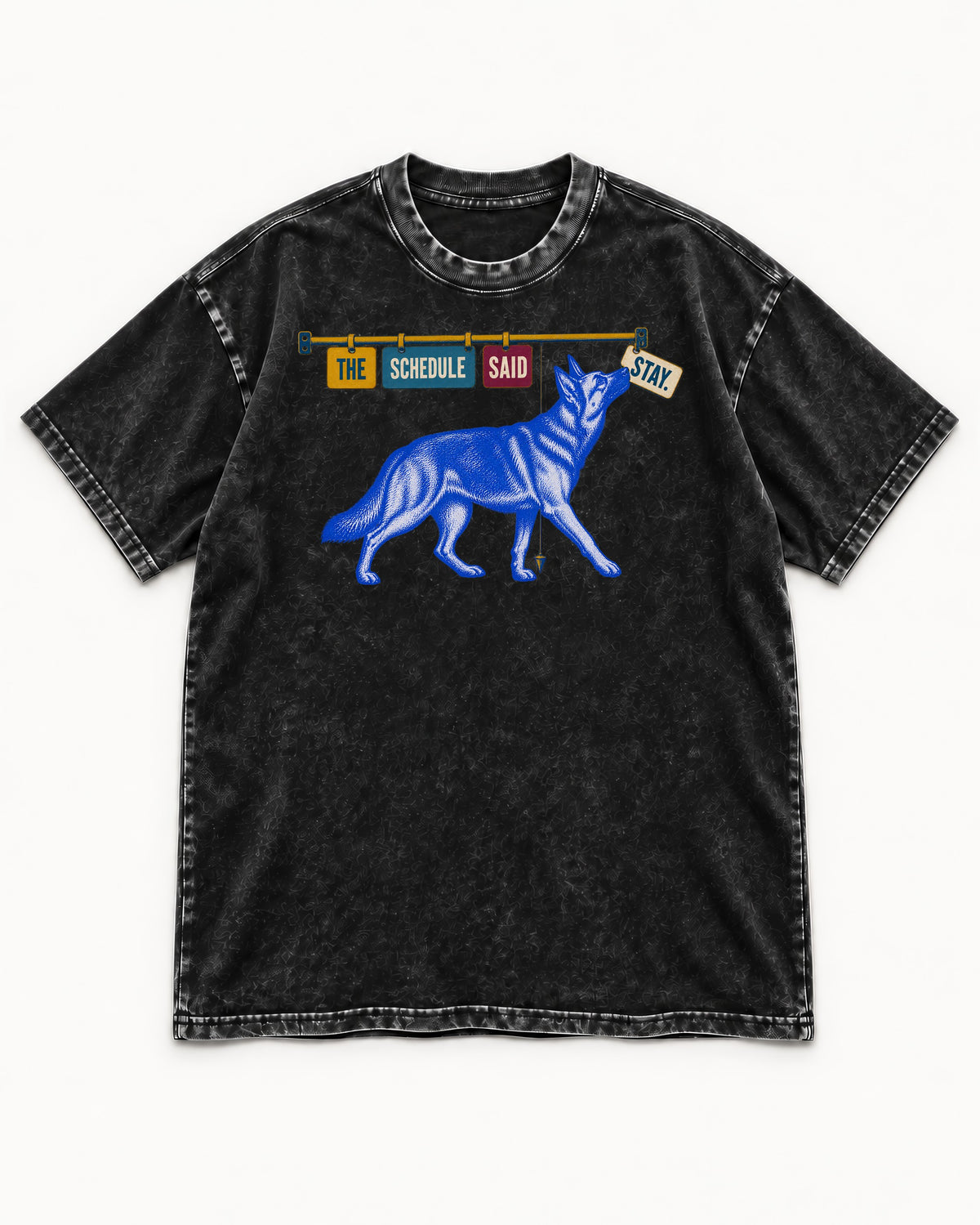 German Shepherd Dog The Schedule Said Stay Graphic Washed Tee in Black, flat lay product photo
