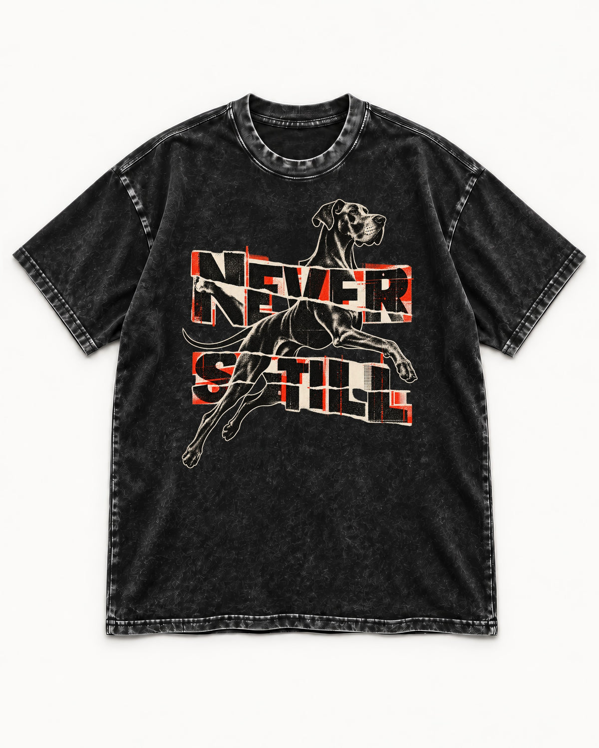 Great Dane Never Still Leaping Collage Graphic Washed Tee in Black, flat lay product photo
