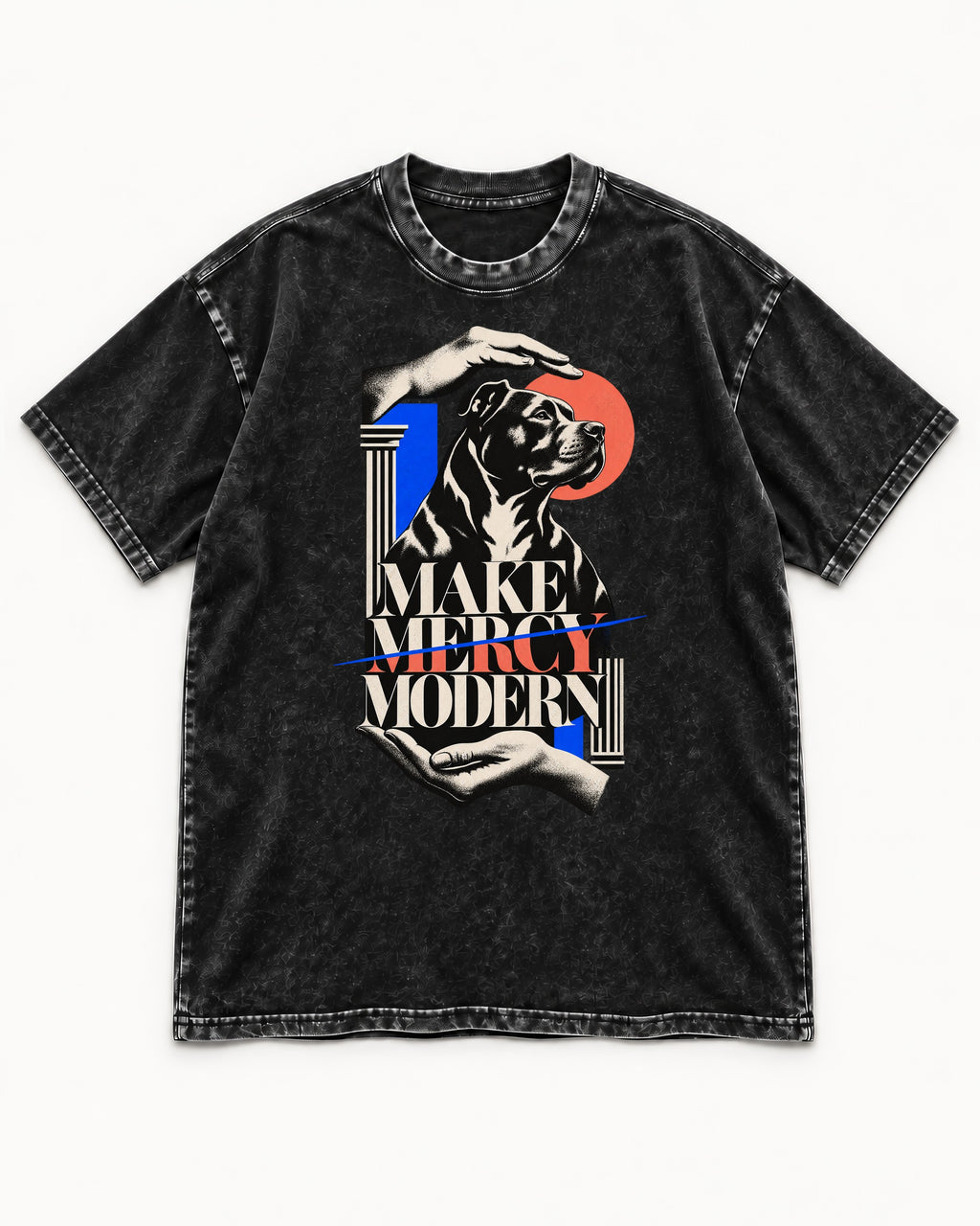 Pitbull Make Mercy Modern Protective Hands Graphic Washed Tee in Black, flat lay product photo