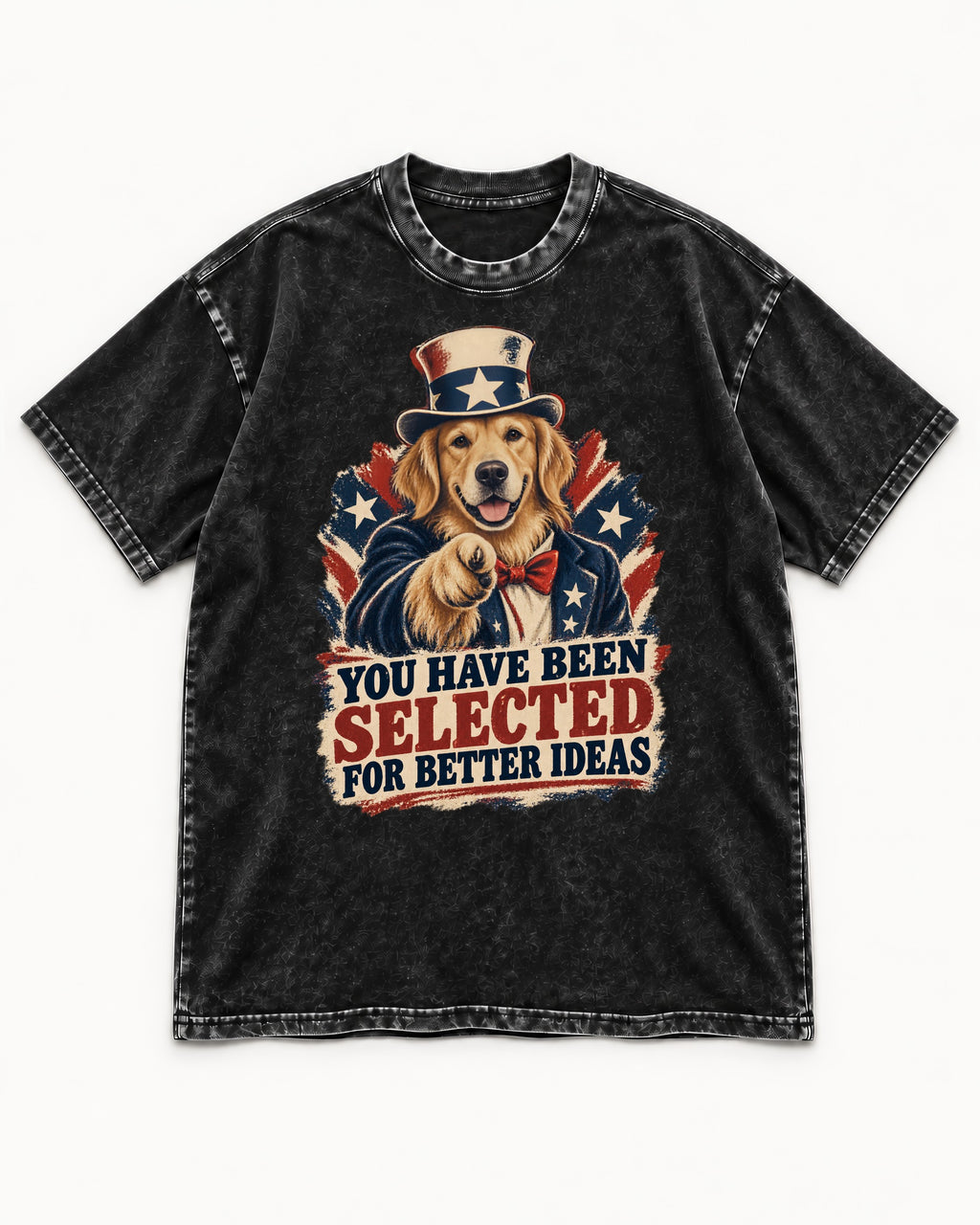 You Have Been Selected for Better Ideas Uncle Sam Golden Retriever Graphic Washed Tee in Black, flat lay product photo