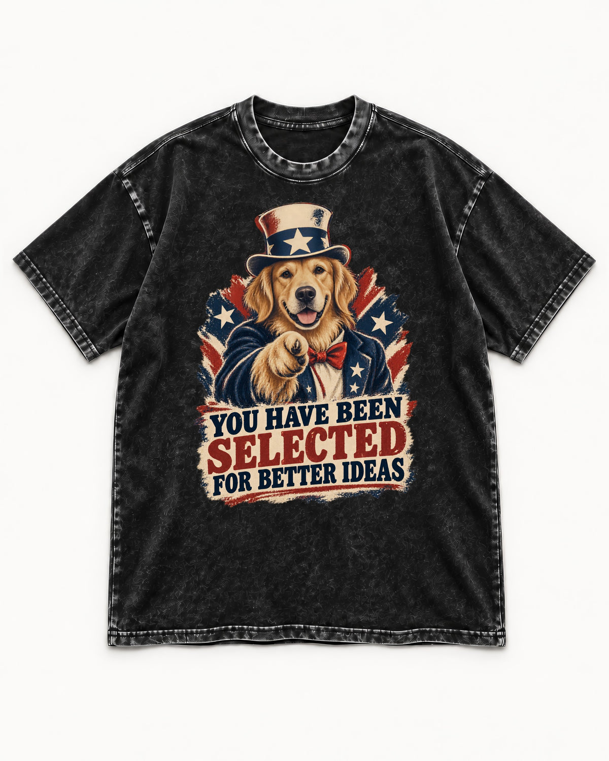 You Have Been Selected for Better Ideas Uncle Sam Golden Retriever Graphic Washed Tee in Black, flat lay product photo