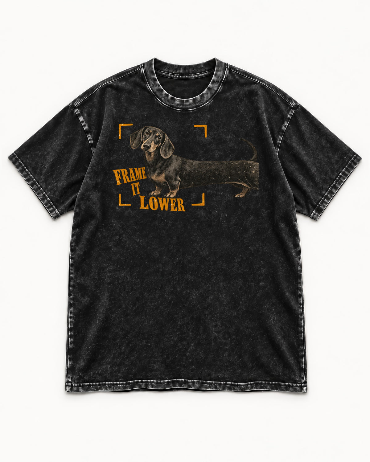 Dachshund Frame It Lower Viewfinder Graphic Washed Tee in Black, flat lay product photo