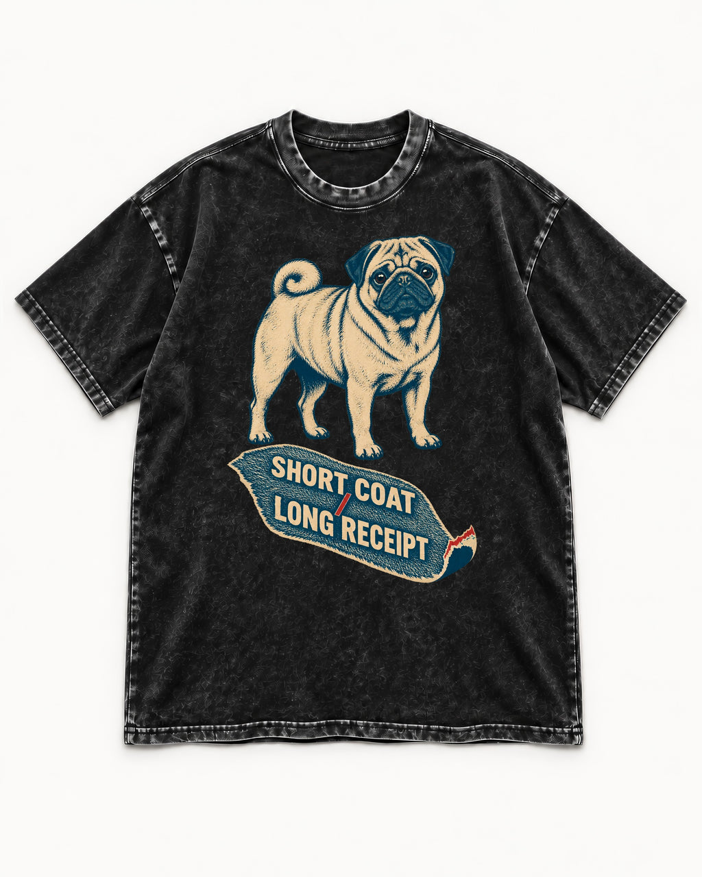 Pug Short Coat Long Receipt Graphic Washed Tee in Black, flat lay product photo