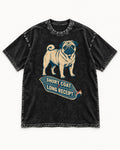 Pug Short Coat Long Receipt Graphic Washed Tee in Black, flat lay product photo