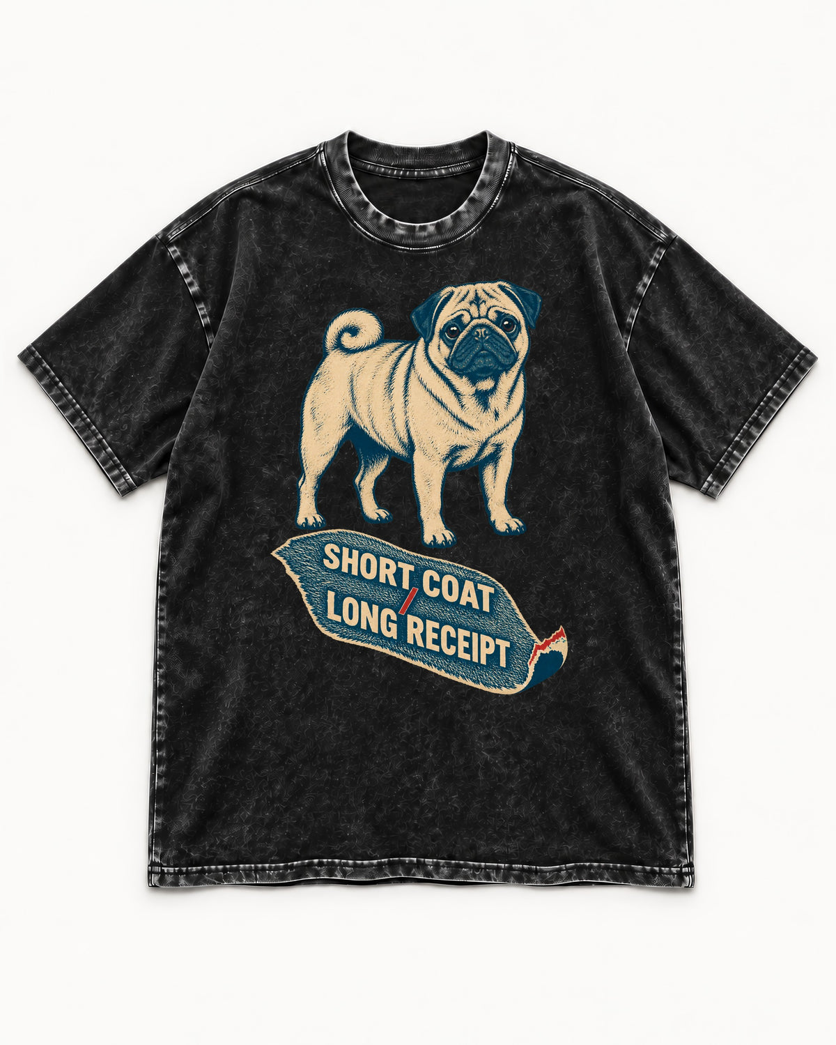Pug Short Coat Long Receipt Graphic Washed Tee in Black, flat lay product photo