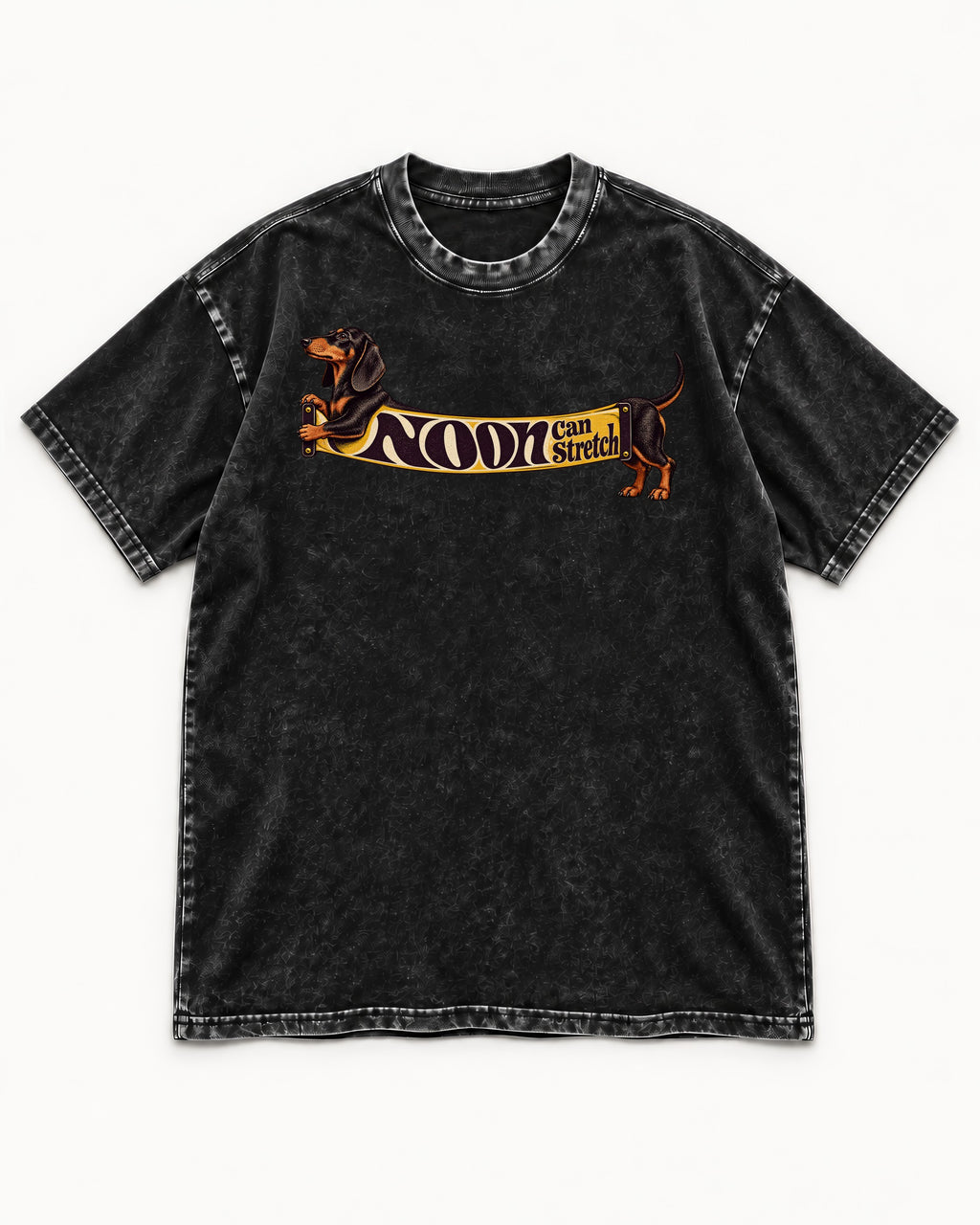 Dachshund Noon Can Stretch Sign Graphic Washed Tee in Black, flat lay product photo