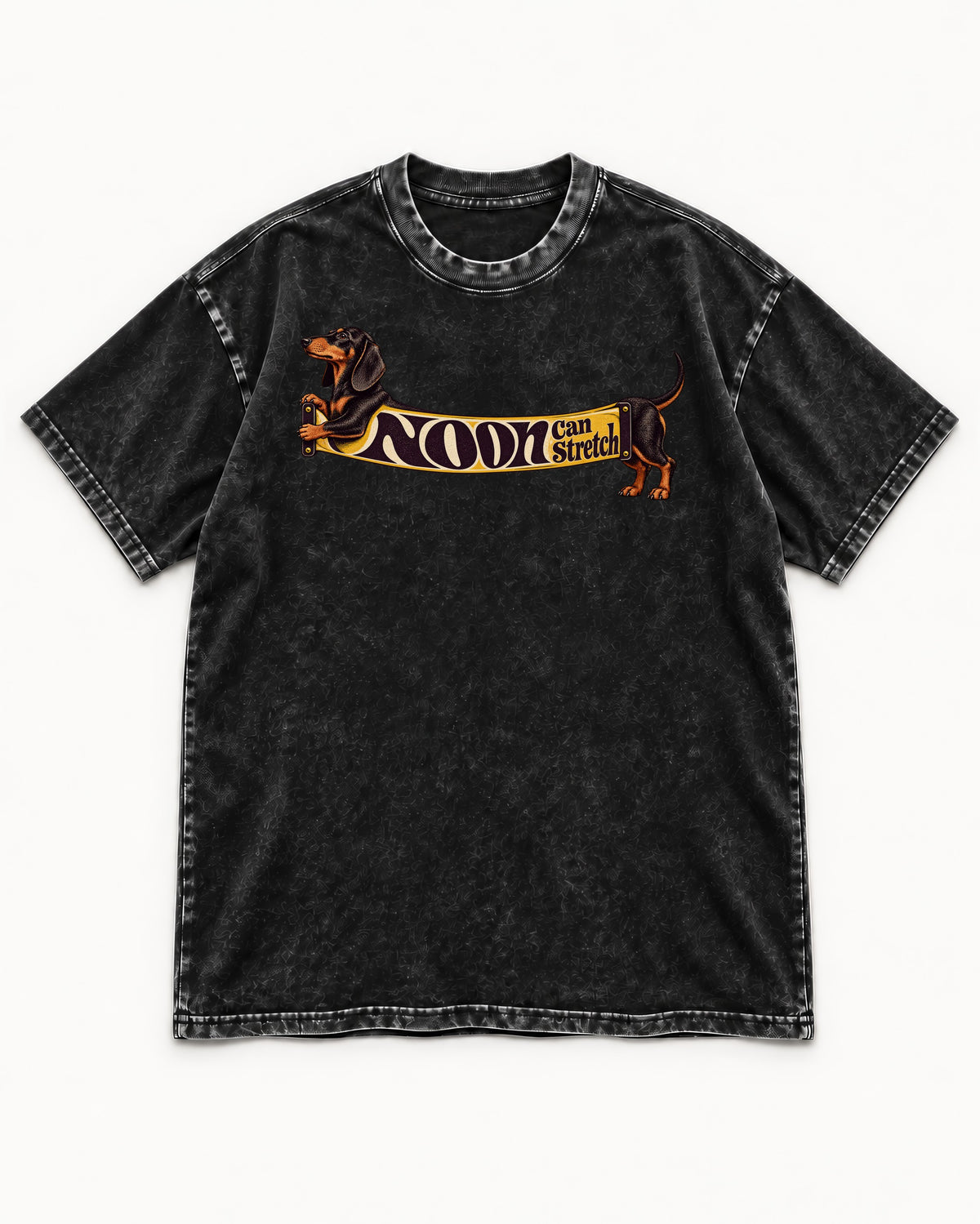 Dachshund Noon Can Stretch Sign Graphic Washed Tee in Black, flat lay product photo