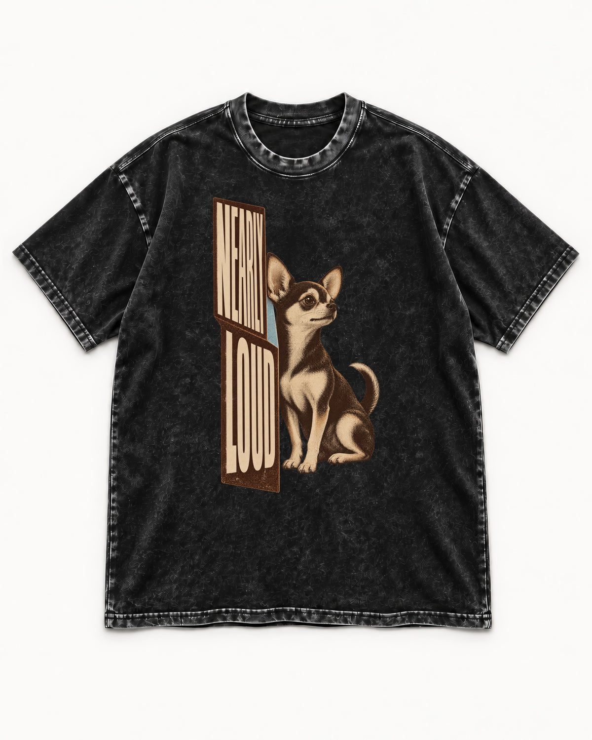 Chihuahua Never Loud Washed Tee in Black, flat lay product photo