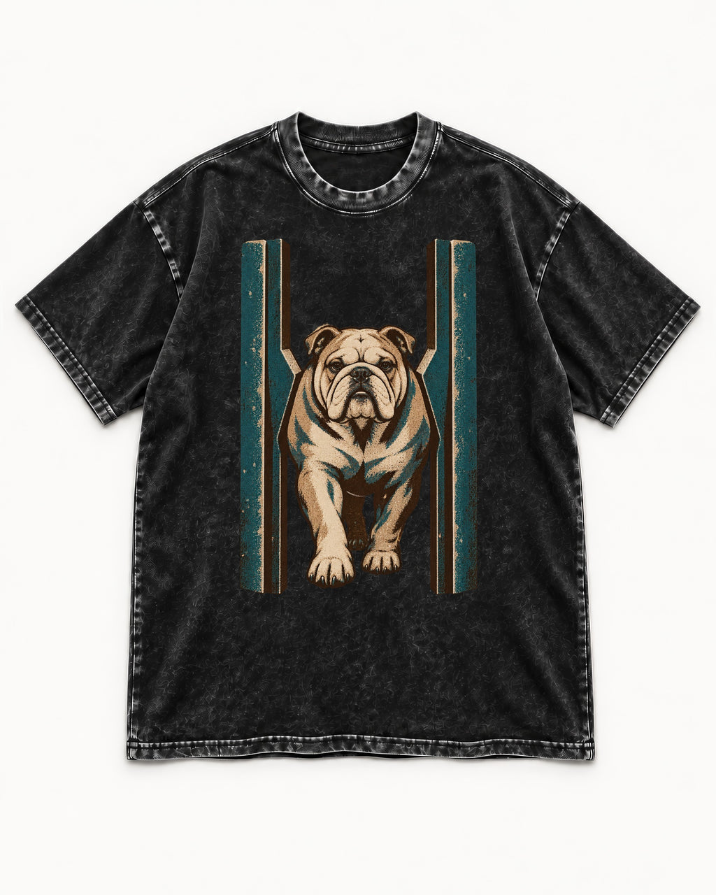 English Bulldog Walking Through Teal Gate Graphic Washed Tee in Black, flat lay product photo