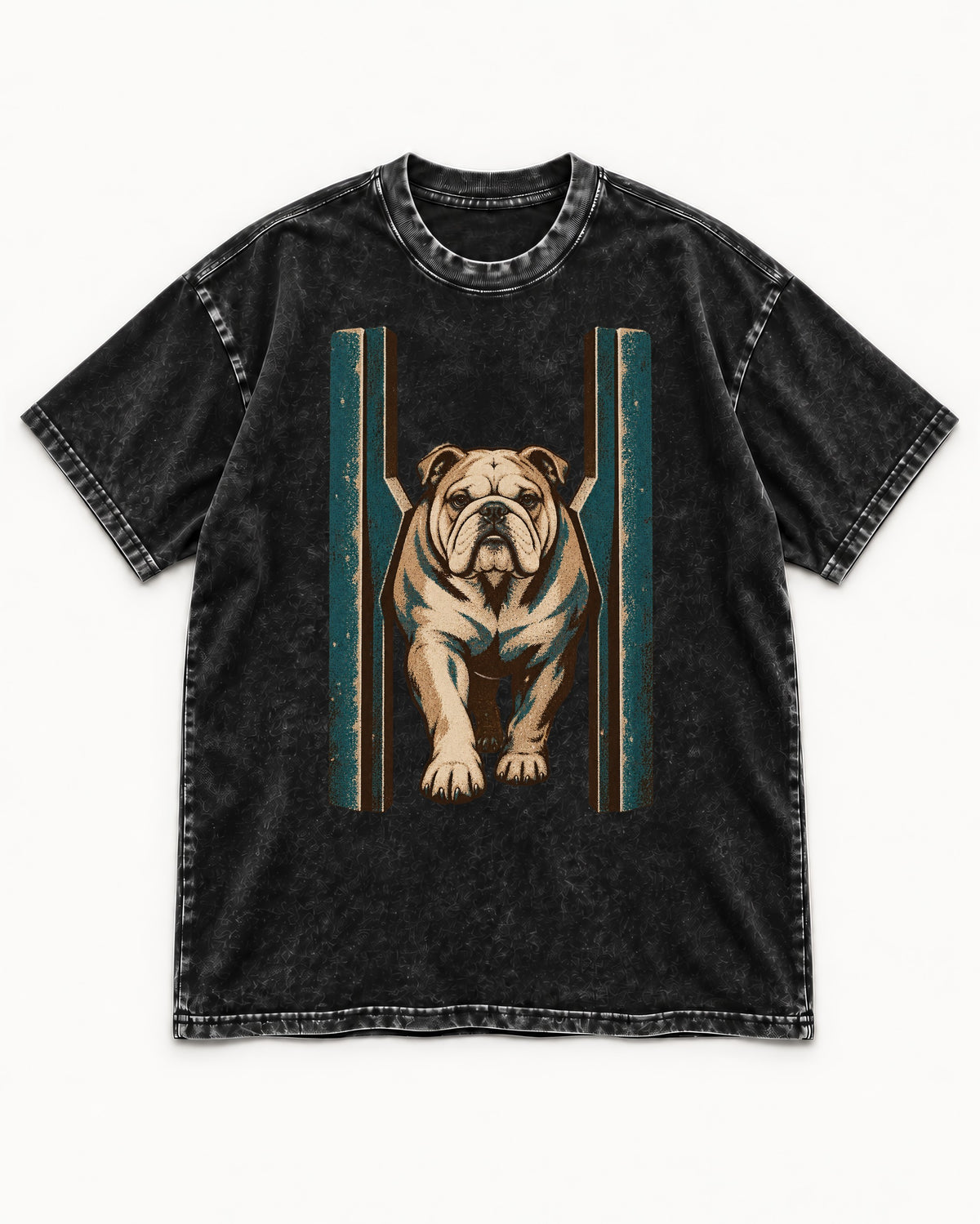 English Bulldog Walking Through Teal Gate Graphic Washed Tee in Black, flat lay product photo