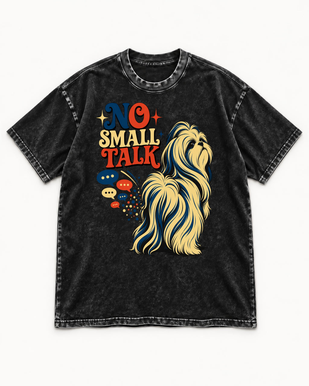 Shih Tzu No Small Talk Speech Bubble Graphic Washed Tee in Black, flat lay product photo