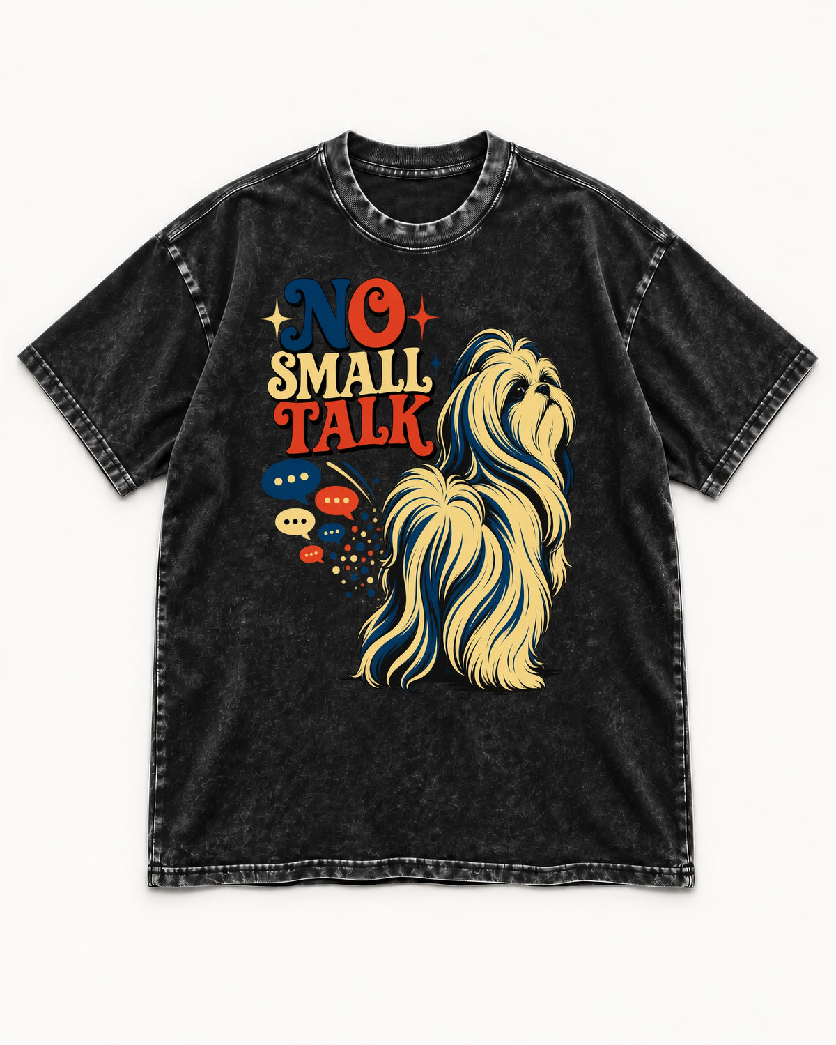 Shih Tzu No Small Talk Speech Bubble Graphic Washed Tee in Black, flat lay product photo