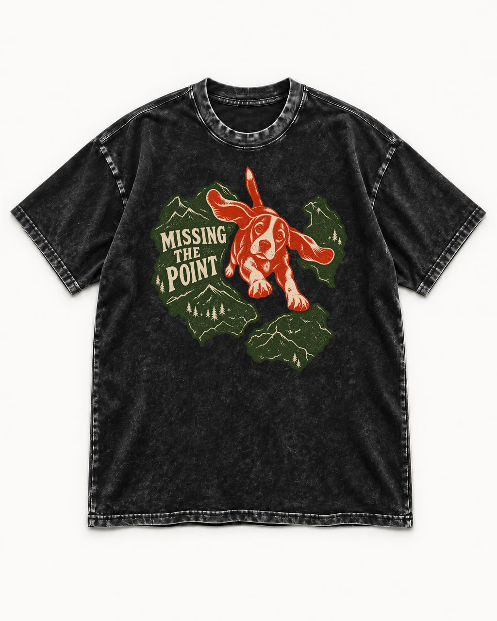 Missing The Point Beagle Trail Washed Tee in Black, flat lay product photo