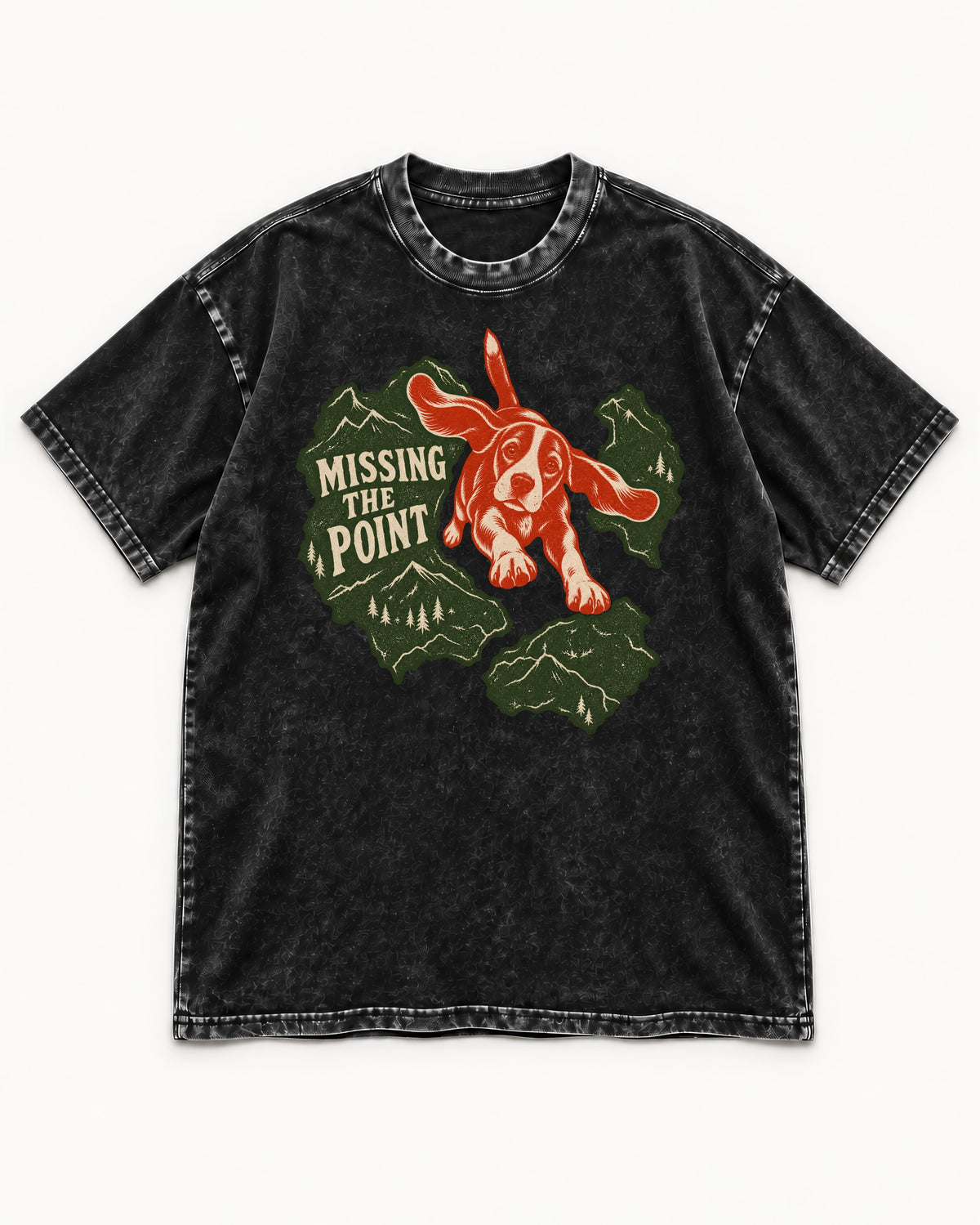 Missing The Point Beagle Trail Washed Tee in Black, flat lay product photo