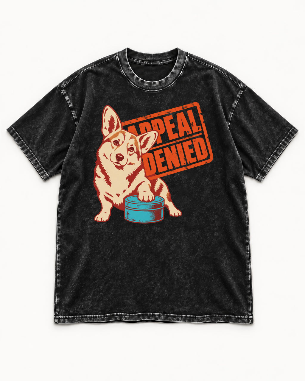 Corgi Appeal Denied Treat Tin Washed Tee in Black, flat lay product photo