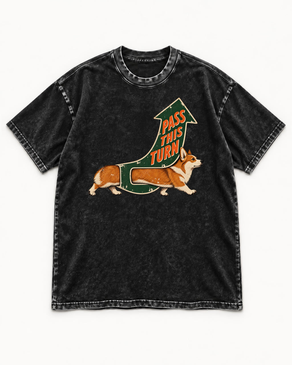 Corgi Pass This Turn Washed Tee in Black, flat lay product photo