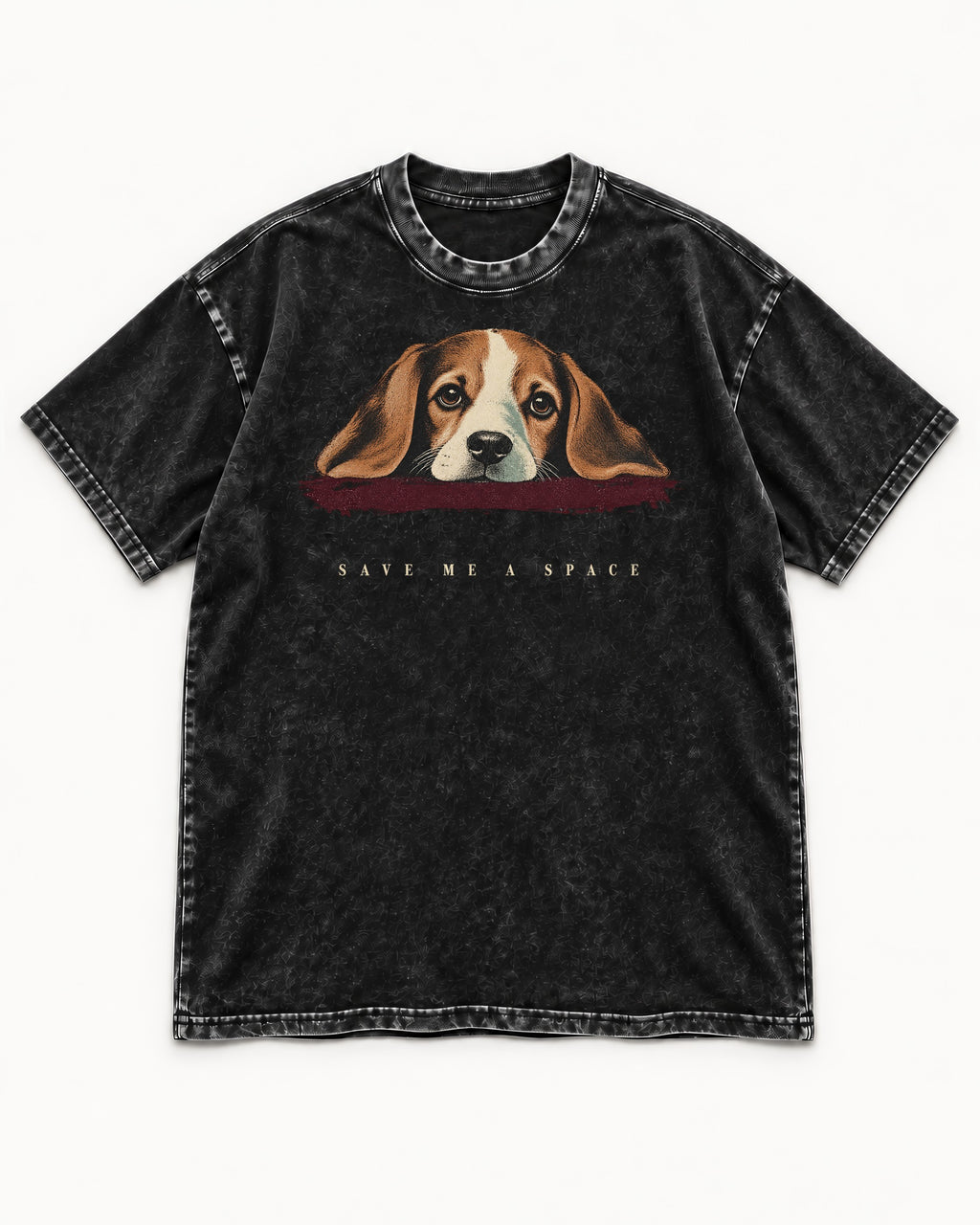 Save Me A Space Beagle Washed Tee in Black, flat lay product photo