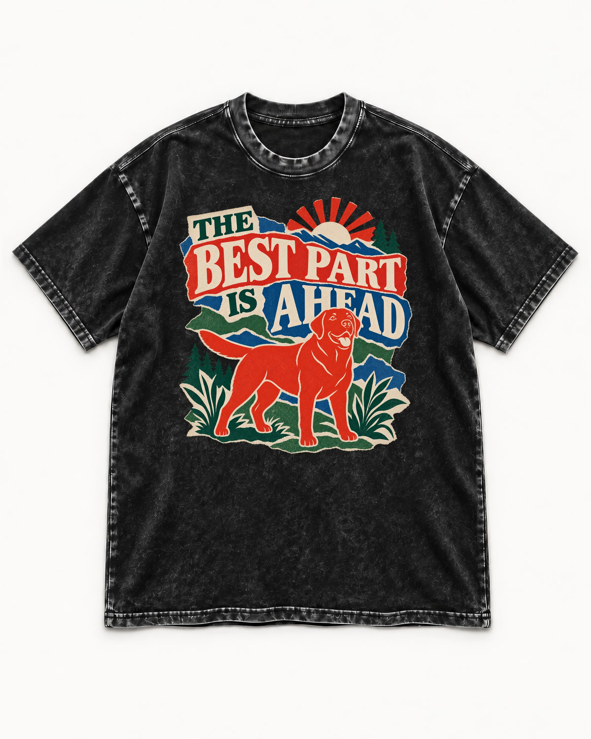 Labrador Retriever The Best Part Is Ahead Outdoor Graphic Washed Tee in Black, flat lay product photo