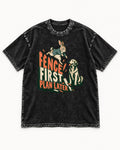 Golden Retriever Fence First Plan Later Rabbit Jump Graphic Washed Tee in Black, flat lay product photo