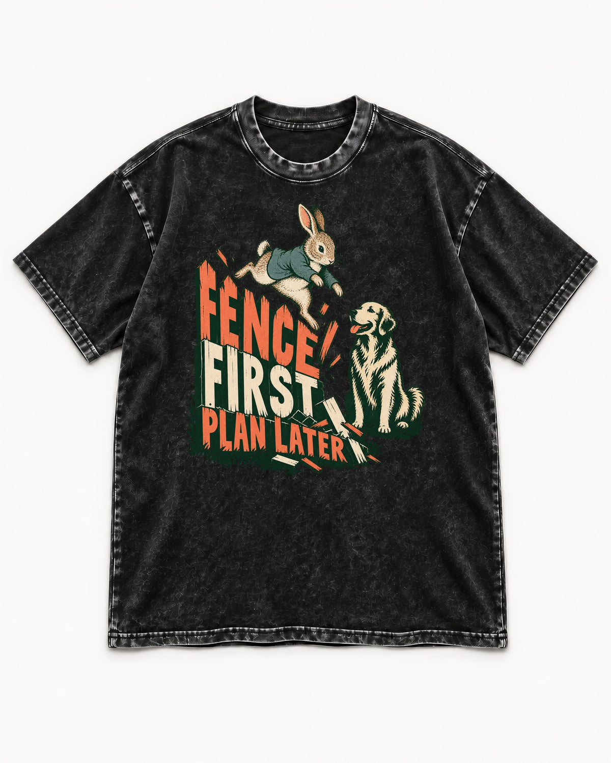 Golden Retriever Fence First Plan Later Rabbit Jump Graphic Washed Tee in Black, flat lay product photo