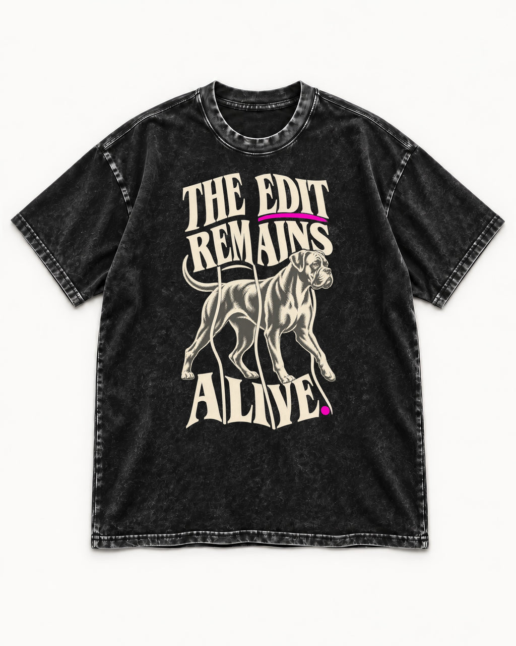 The Edit Remains Alive Boxer Washed Tee in Black, flat lay product photo