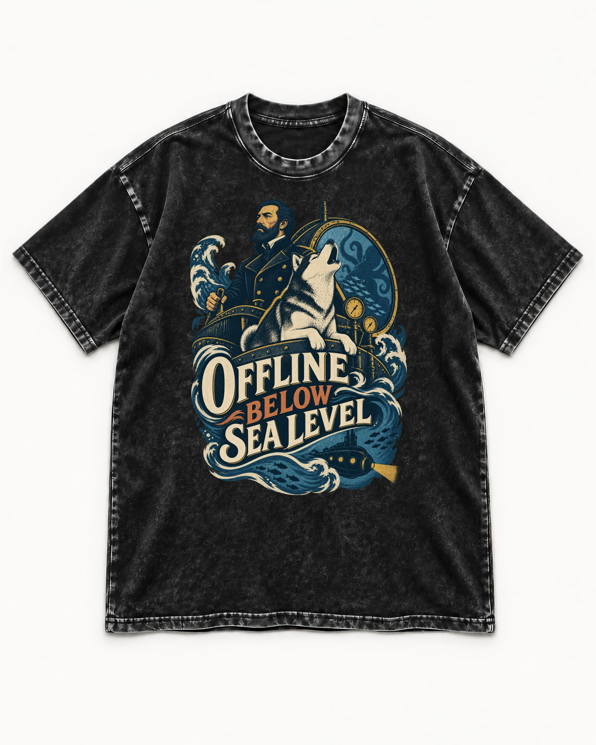 Husky Offline Below Sea Level Nautical Submarine Graphic Washed Tee in Black, flat lay product photo