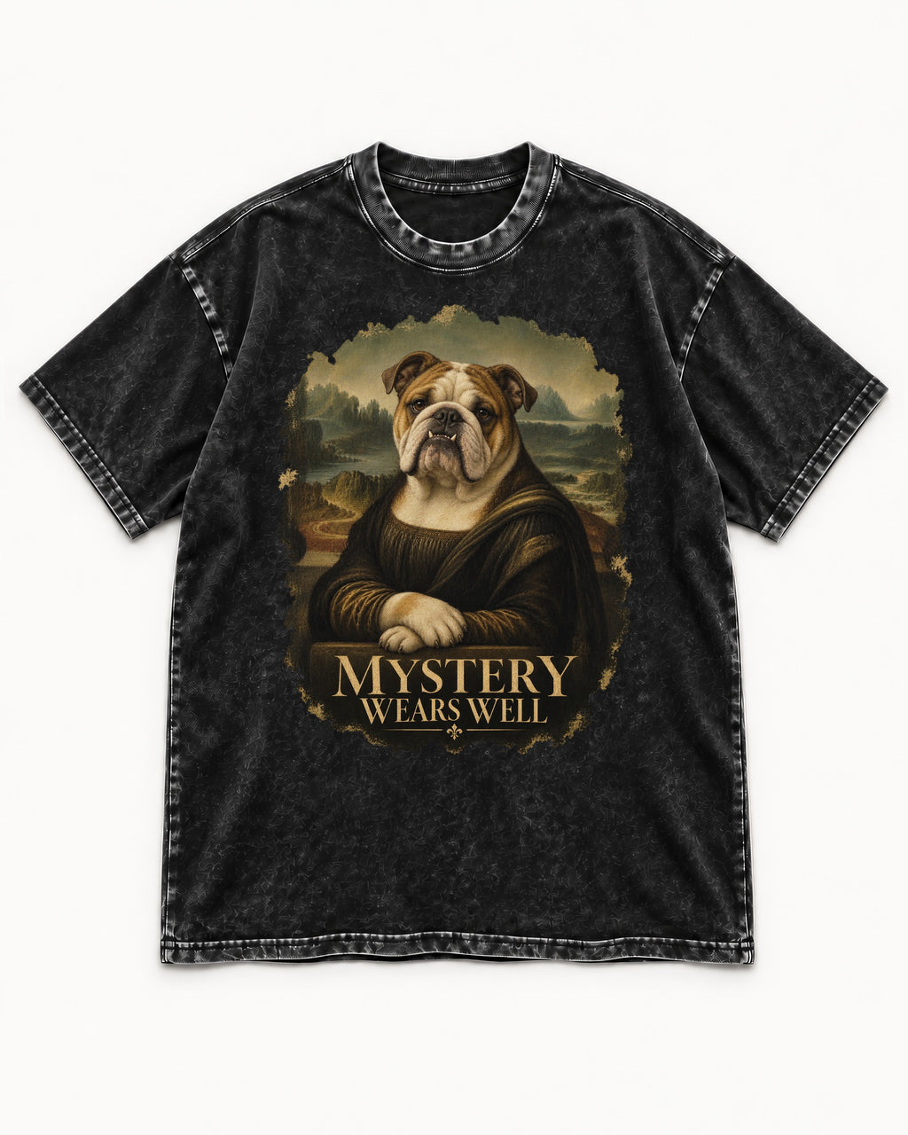 English Bulldog Mystery Wears Well Mona Lisa Portrait Washed Tee in Black, flat lay product photo