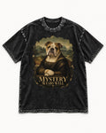 English Bulldog Mystery Wears Well Mona Lisa Portrait Washed Tee in Black, flat lay product photo