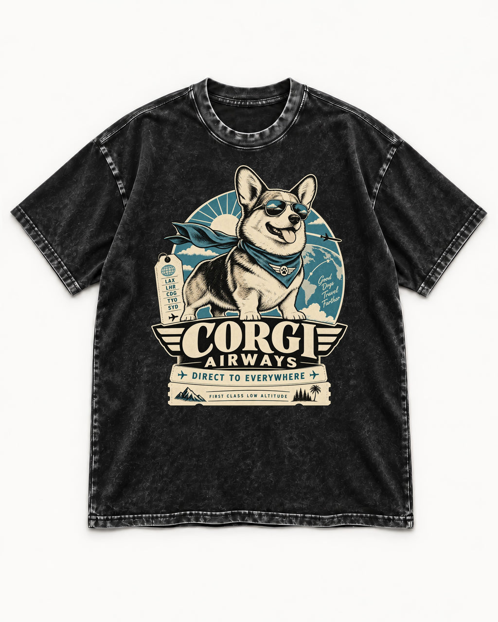 Corgi Airways Direct to Everywhere Badge Washed Tee in Black, flat lay product photo