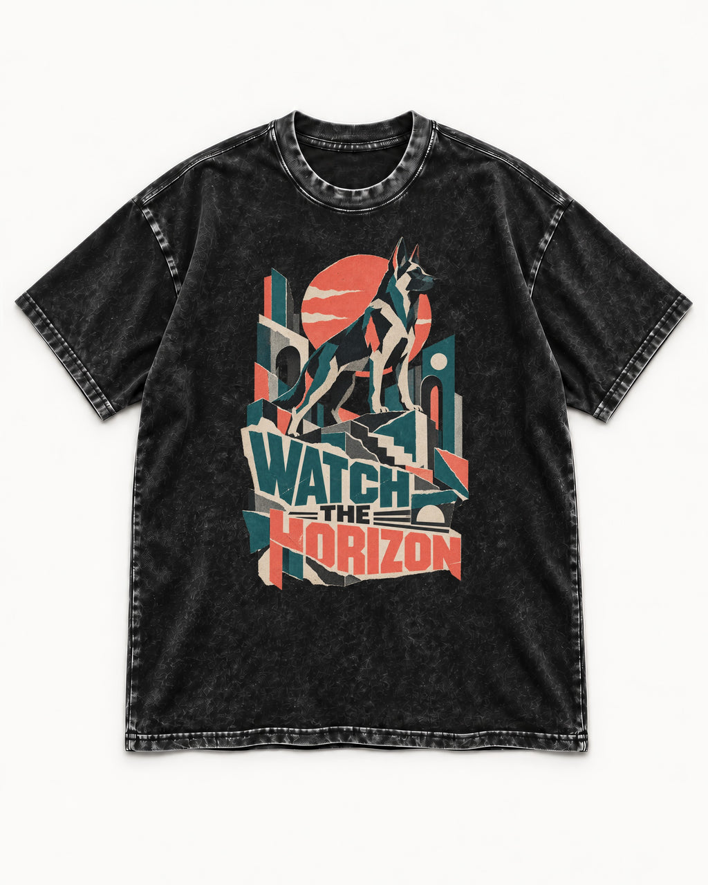 Watch The Horizon Cut Paper Cityscape German Shepherd Dog Graphic Washed Tee in Black, flat lay product photo