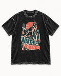 Watch The Horizon Cut Paper Cityscape German Shepherd Dog Graphic Washed Tee in Black, flat lay product photo