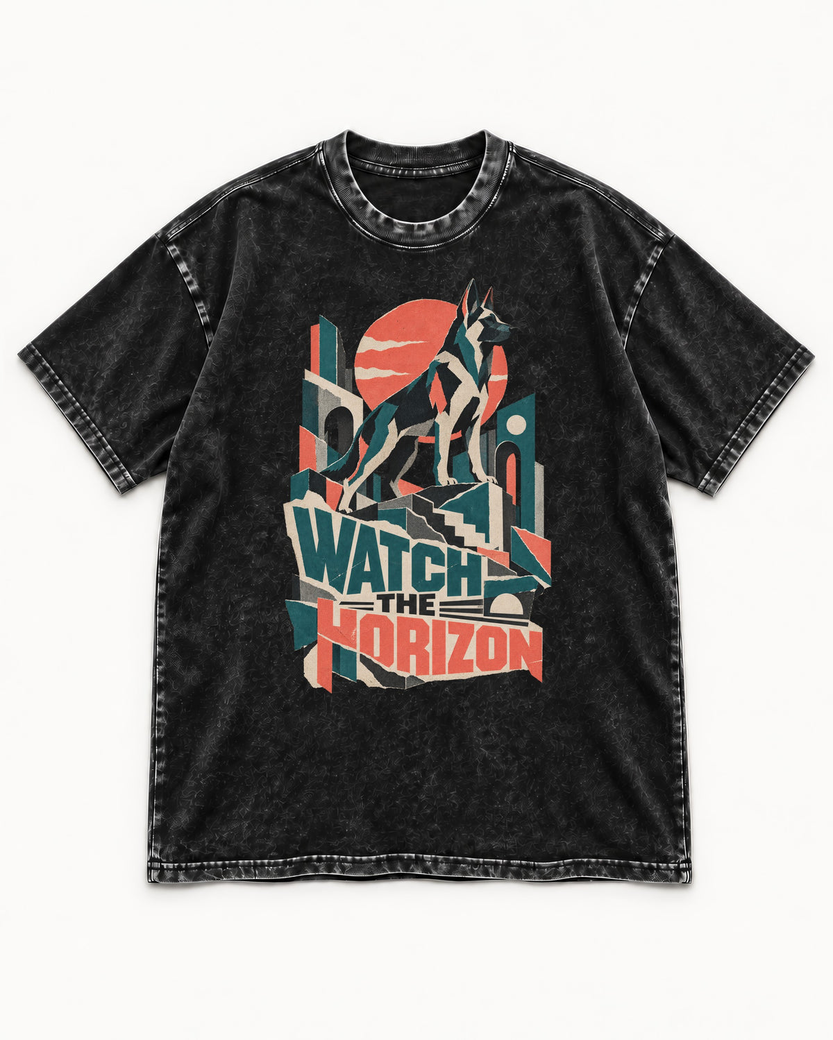 Watch The Horizon Cut Paper Cityscape German Shepherd Dog Graphic Washed Tee in Black, flat lay product photo