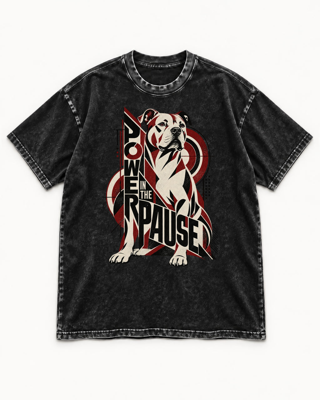Pitbull Power in the Pause Geometric Graphic Washed Tee in Black, flat lay product photo