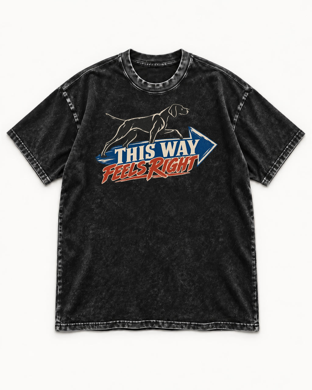 This Way Feels Right Arrow German Shorthaired Pointer Graphic Washed Tee in Black, flat lay product photo