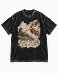 Doberman Almost Touched Greatness Creation Scene Graphic Washed Tee in Black, flat lay product photo