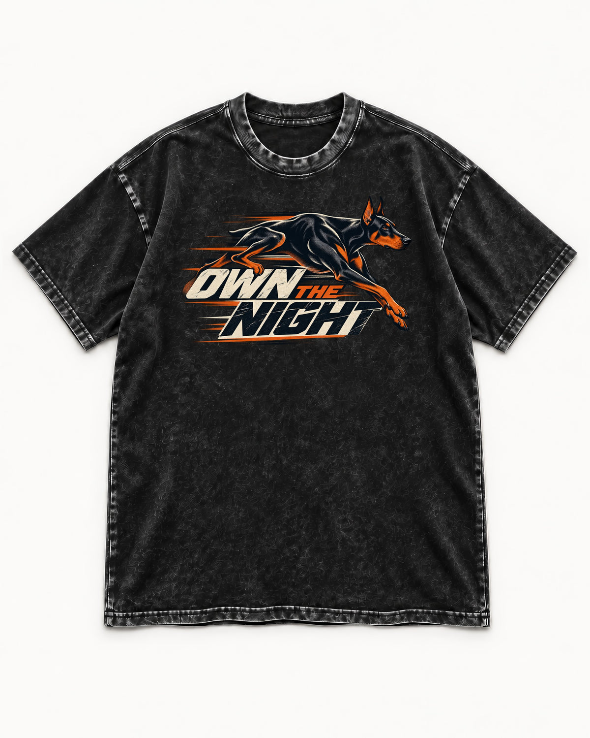 Doberman Own the Night Speed Graphic Washed Tee in Black, flat lay product photo