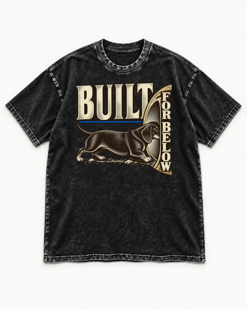 Dachshund Built for Below Vintage Burrow Graphic Washed Tee in Black, flat lay product photo