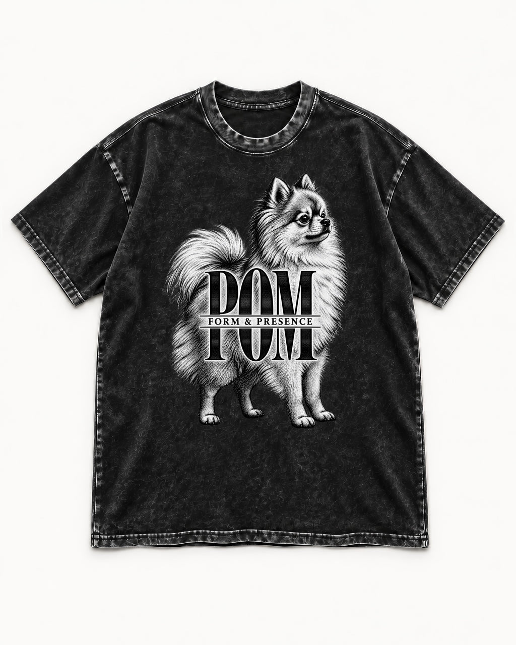 Pomeranian Form and Presence Monogram Graphic Washed Tee in Black, flat lay product photo