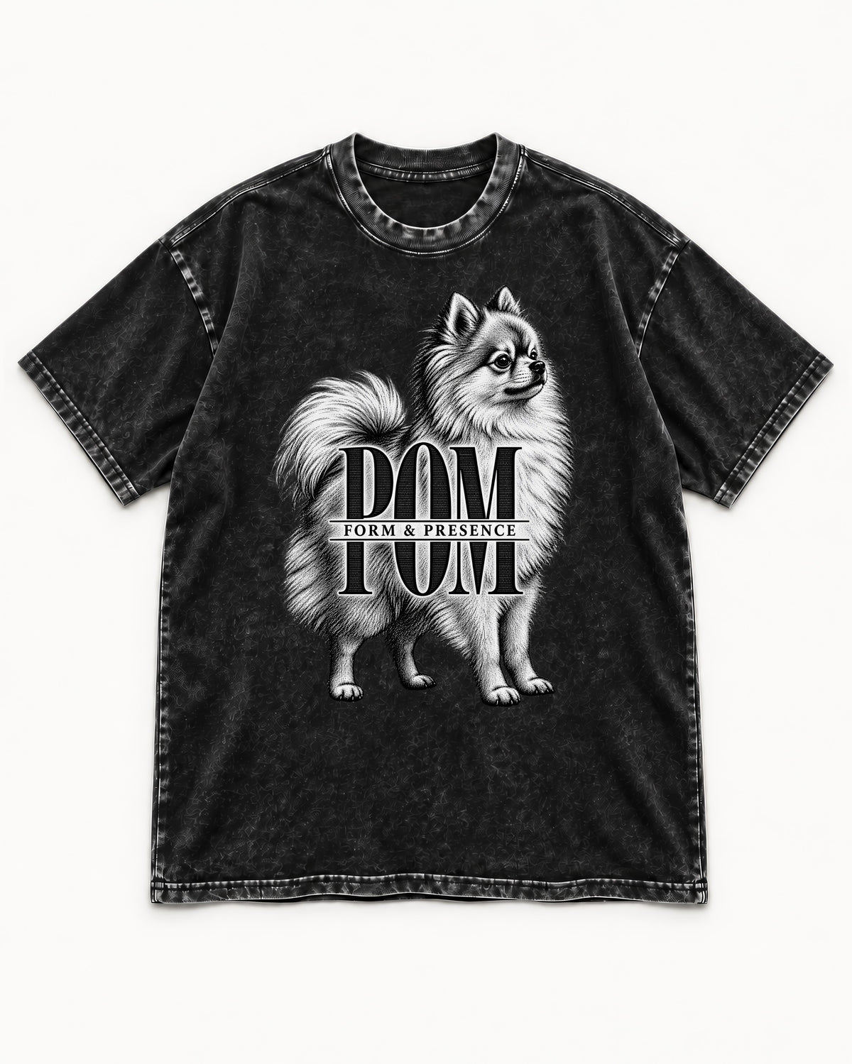 Pomeranian Form and Presence Monogram Graphic Washed Tee in Black, flat lay product photo