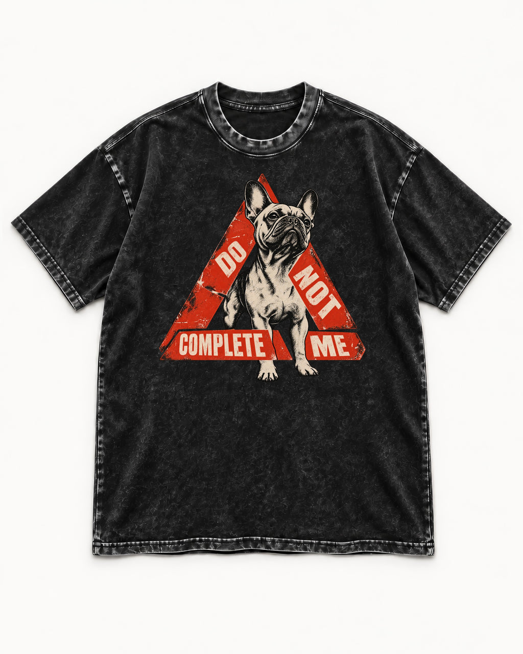 Frenchie Do Not Complete Me Warning Triangle Graphic Washed Tee in Black, flat lay product photo