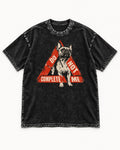 Frenchie Do Not Complete Me Warning Triangle Graphic Washed Tee in Black, flat lay product photo