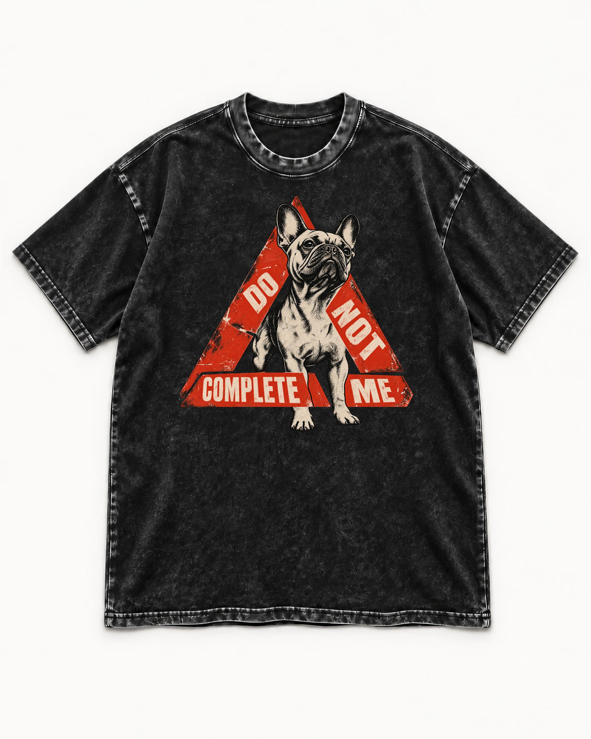 Frenchie Do Not Complete Me Warning Triangle Graphic Washed Tee in Black, flat lay product photo