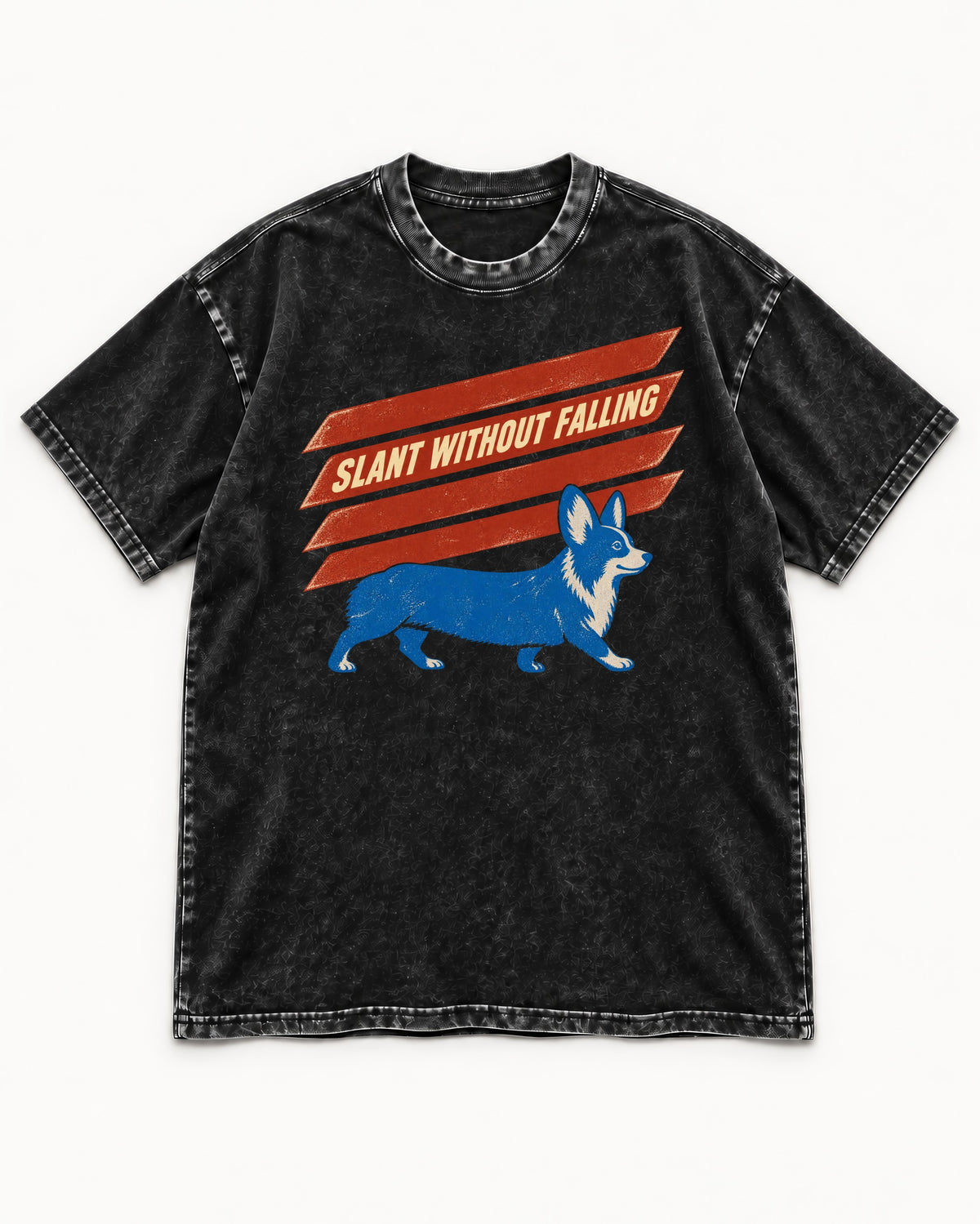 Corgi Slant Without Falling Speed Graphic Washed Tee in Black, flat lay product photo