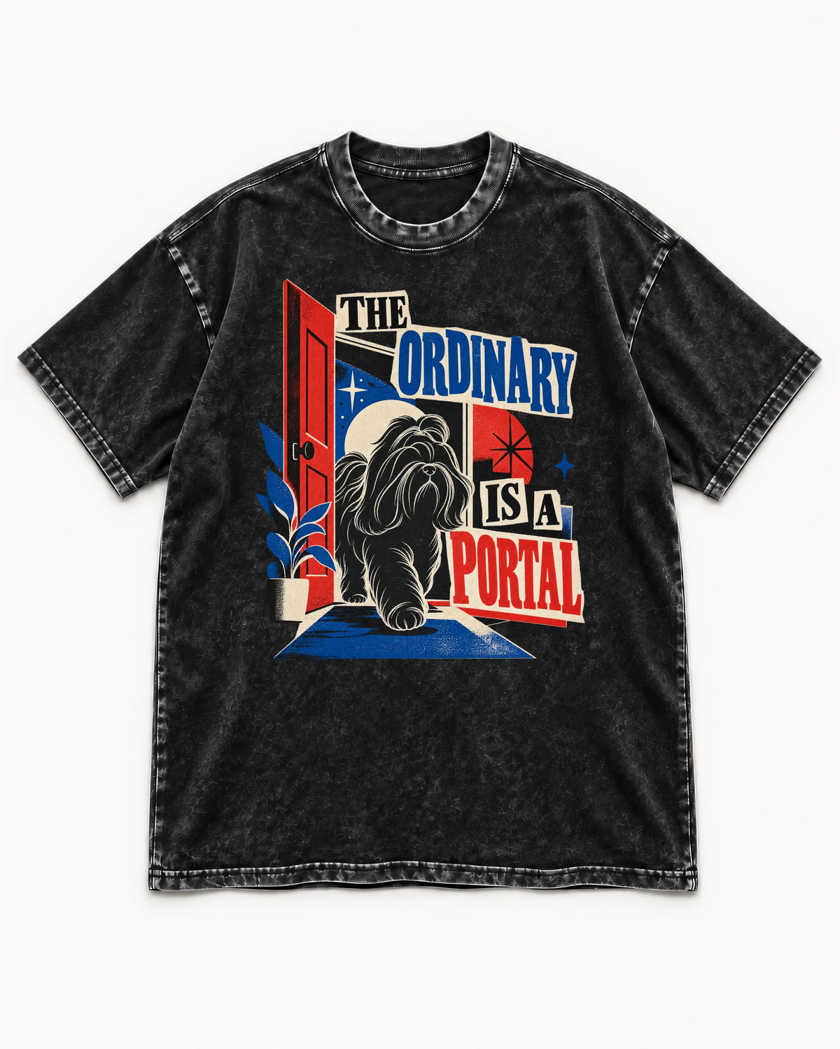 Shih Tzu The Ordinary Is a Portal Door Graphic Washed Tee in Black, flat lay product photo