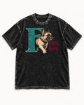 Frenchie First by Default Teal F Graphic Washed Tee in Black, flat lay product photo