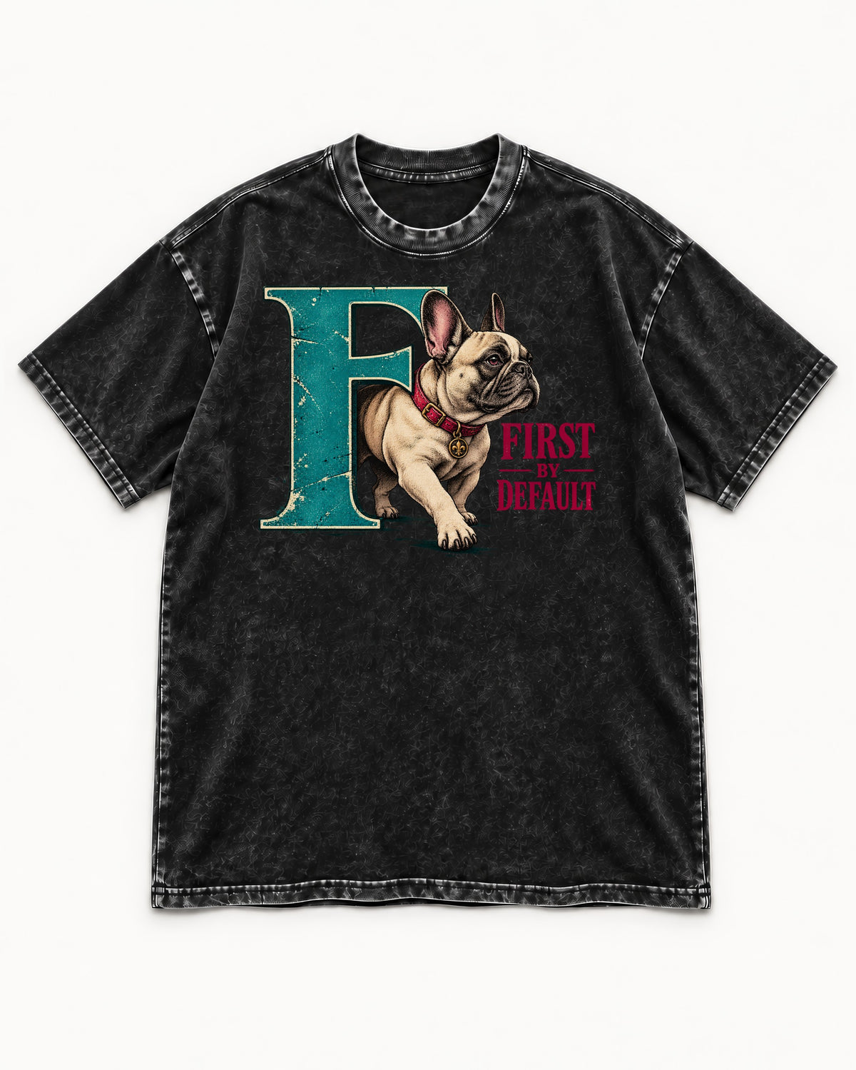 Frenchie First by Default Teal F Graphic Washed Tee in Black, flat lay product photo