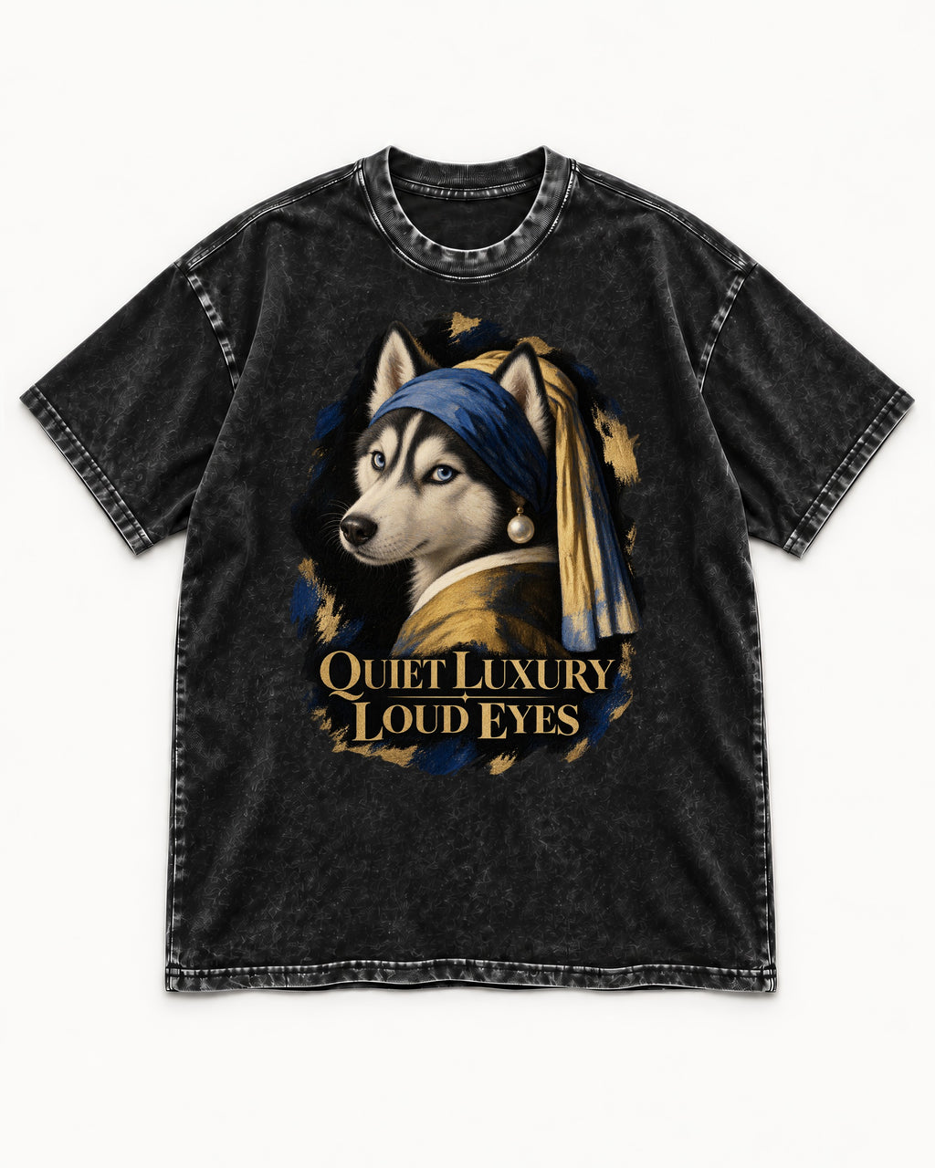 Husky Quiet Luxury Loud Eyes Pearl Portrait Graphic Washed Tee in Black, flat lay product photo