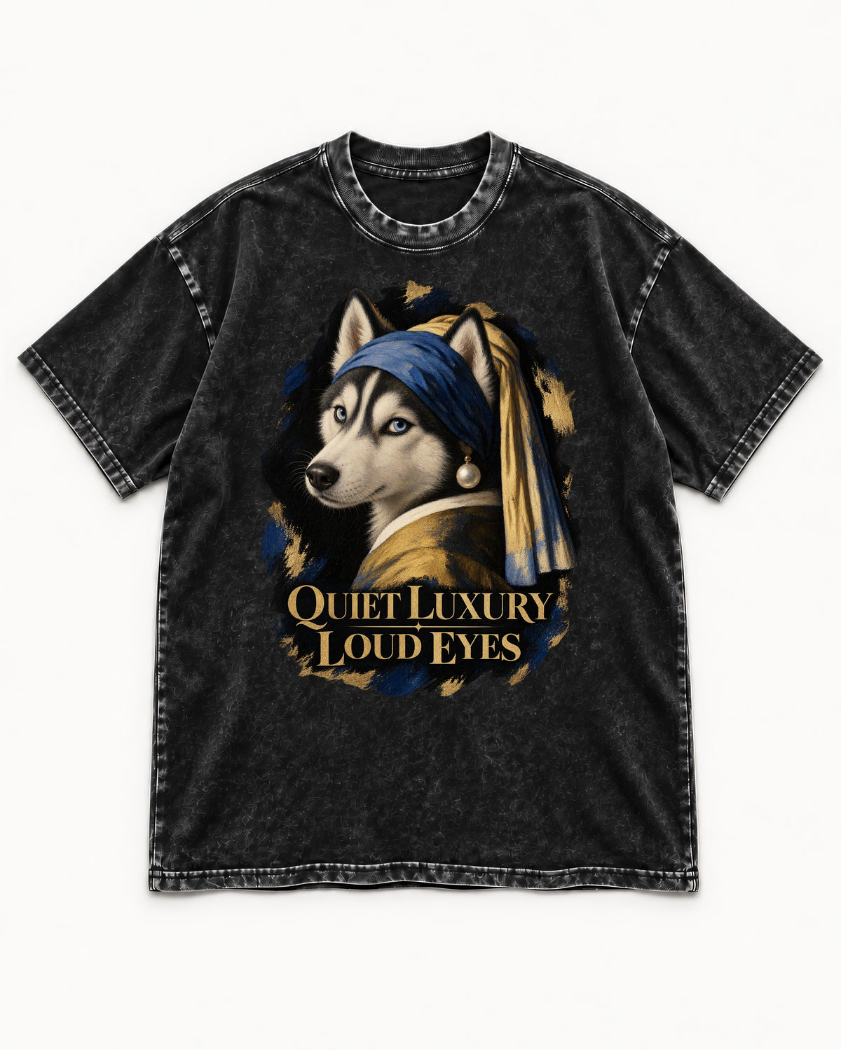 Husky Quiet Luxury Loud Eyes Pearl Portrait Graphic Washed Tee in Black, flat lay product photo