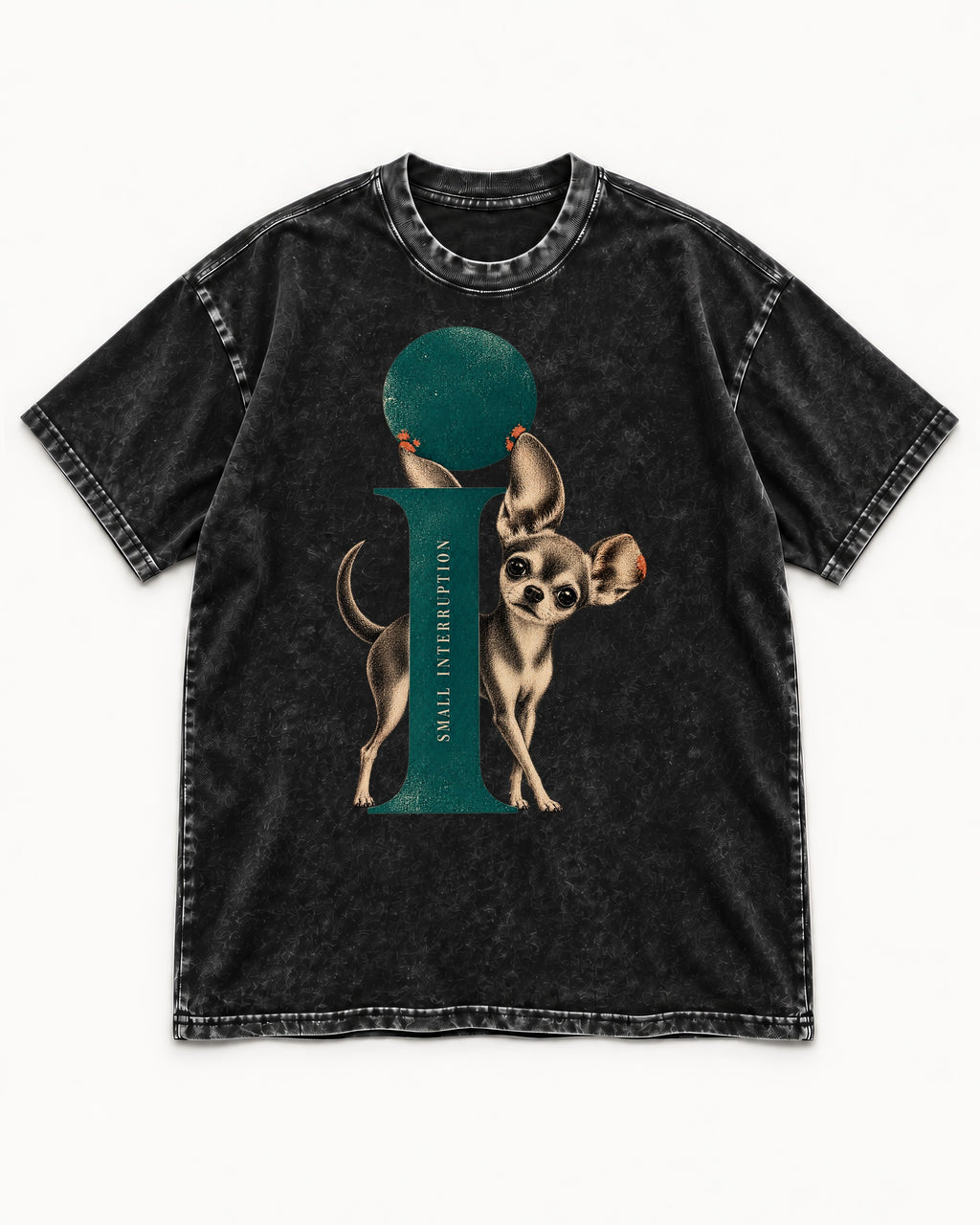 Chihuahua Small Interruption Geometric Portrait Washed Tee in Black, flat lay product photo